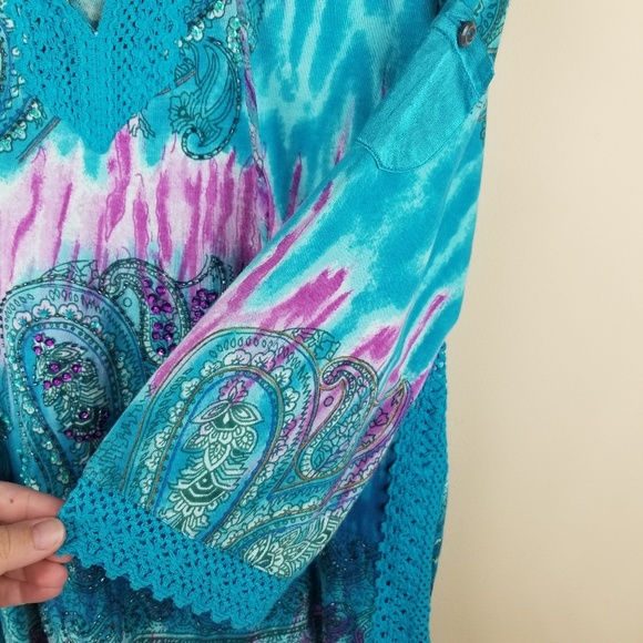 Forbidden Blue Pink Paisley Top with Hood Cotton L - Picture 5 of 7